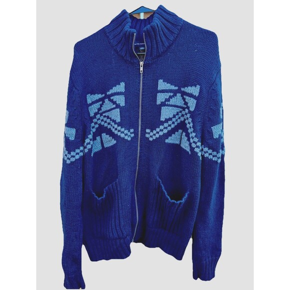 Saks Fifth Avenue Wool Cotton Knit Zip Cardigan Sweater Blue XL With Pockets - Picture 1 of 5